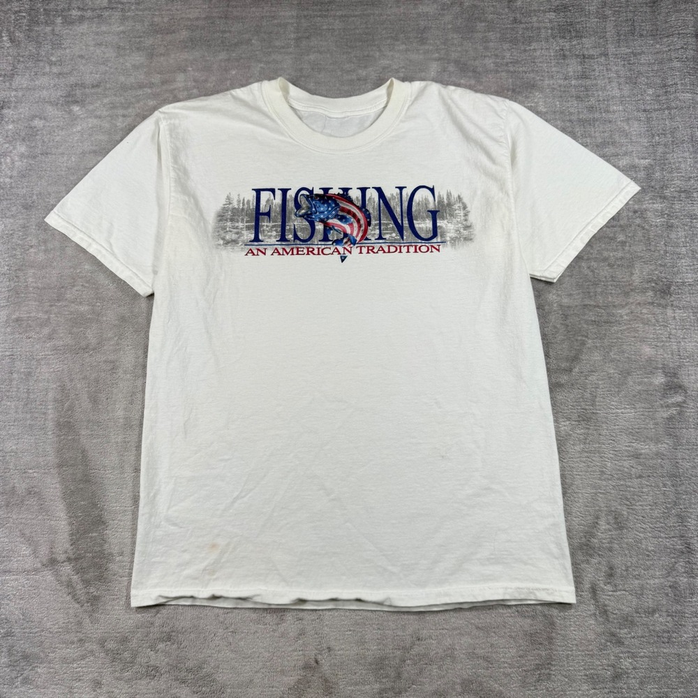 Fishing Shirt Mens Large White Vintage Y2K American Tradition Patriotic Flag